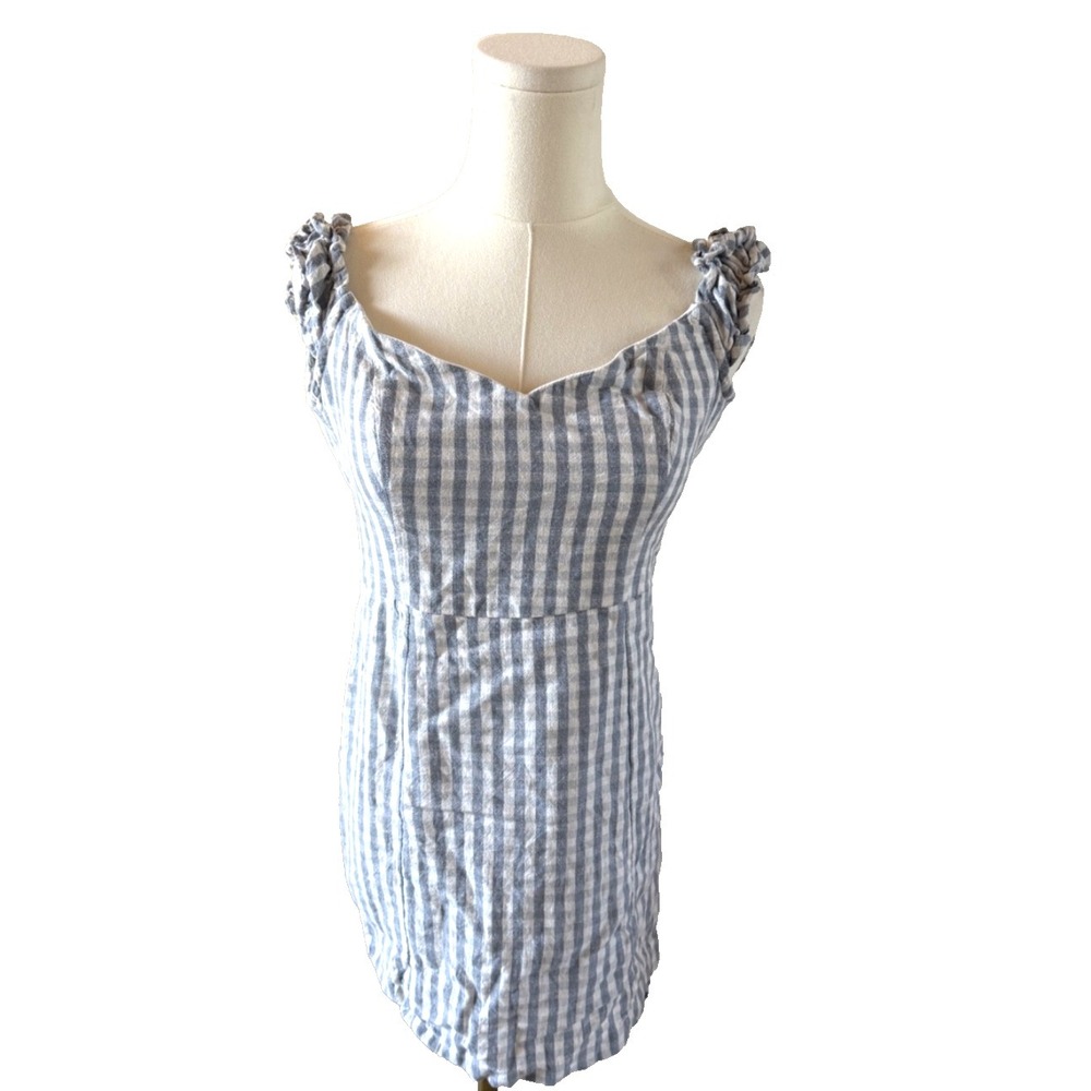 Abercrombie Fitch Women Blue & White Gingham Mini Dress Ruffle Sleeve Sz S - Picture 1 of 6